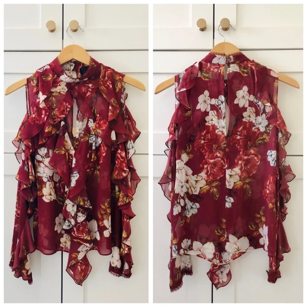 NICHOLAS Celeste Cold Shoulder Silk Blouse Top, Ruffle Floral sz. 2 - Picture 3 of 17